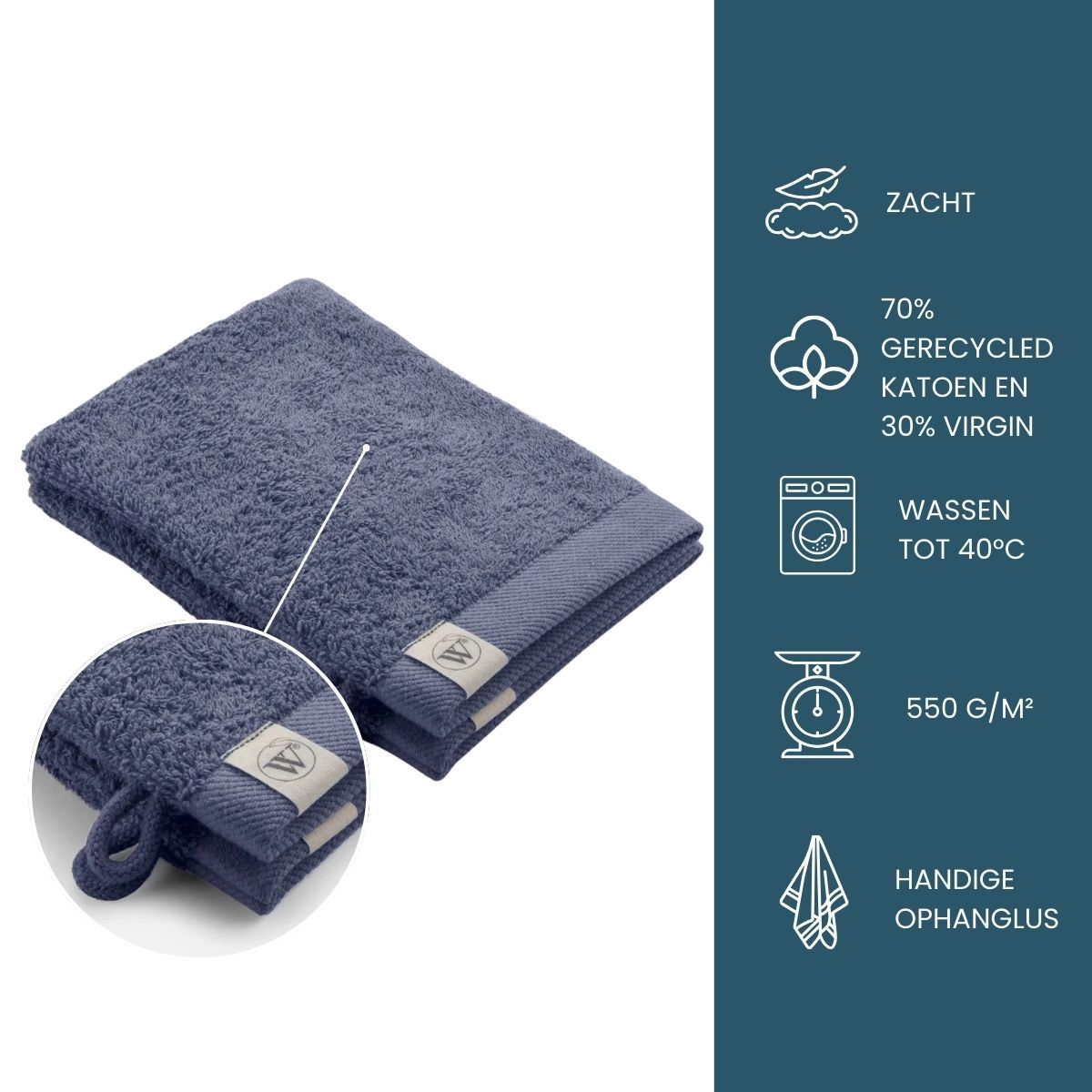 Walra Remade Cotton Washandje 16 x 21 cm 550 gram Blauw - 2 stuks