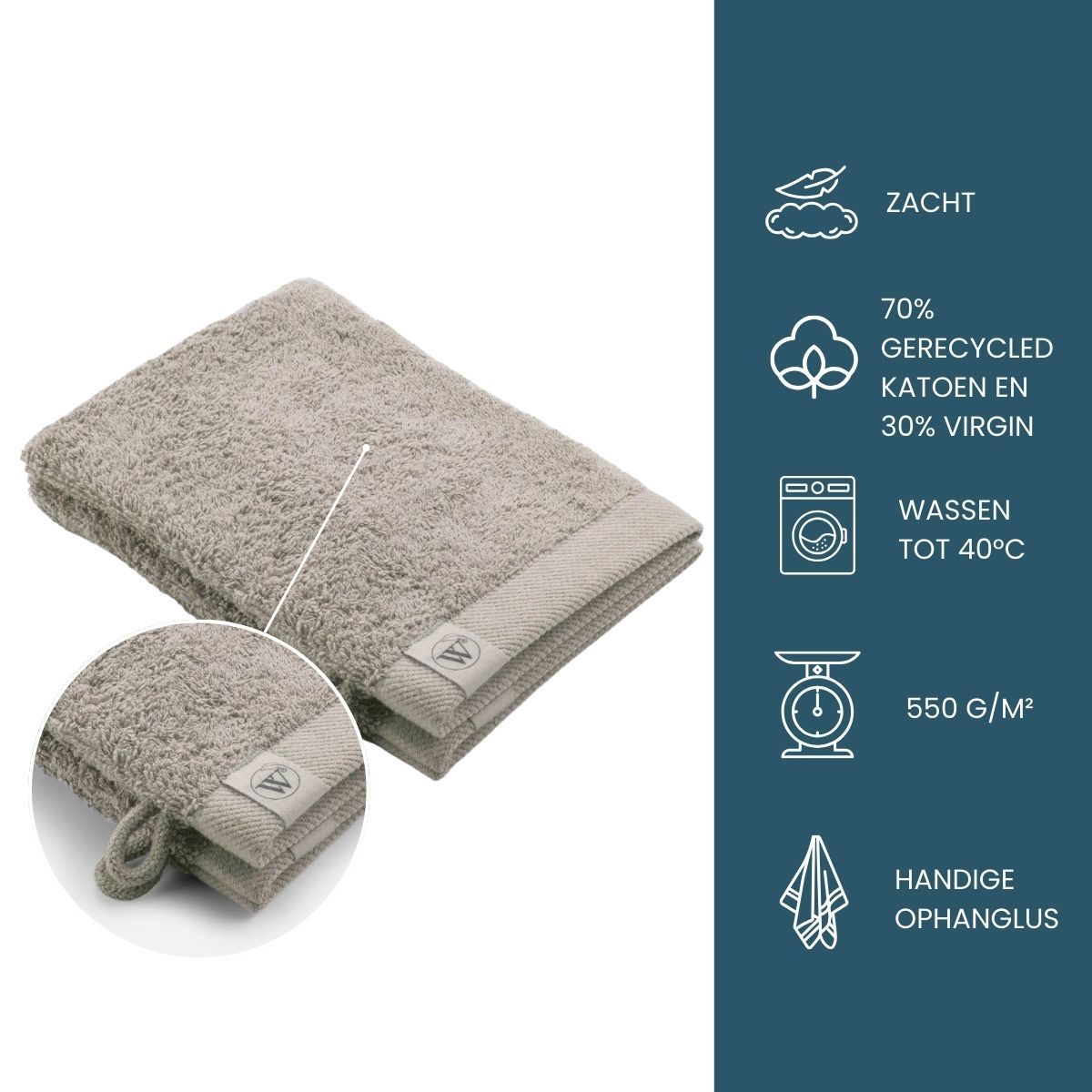 Walra Remade Cotton Washandje 16 x 21 cm 550 gram Taupe - 2 stuks