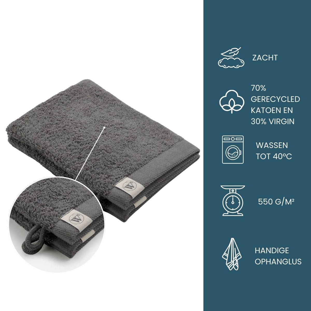 Walra Remade Cotton Washandje 16 x 21 cm 550 gram Grey - 6 stuks