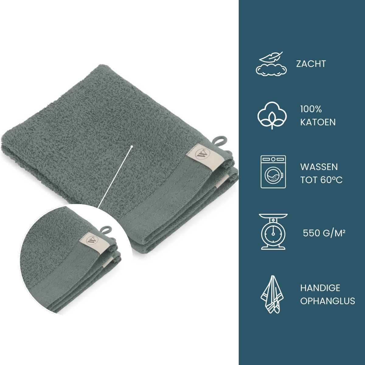Walra Soft Cotton Washandje 16 x 21 cm 550 gram Legergroen - 12 stuks