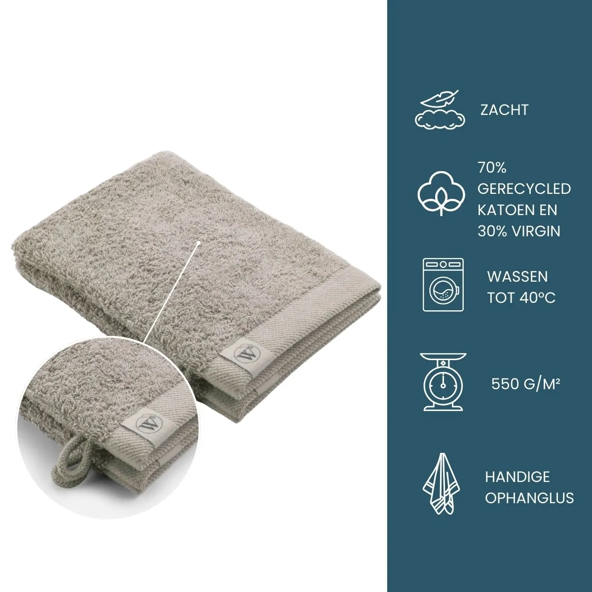 Walra Remade Cotton Washandje 16 x 21 cm 550 gram Taupe - 2 stuks
