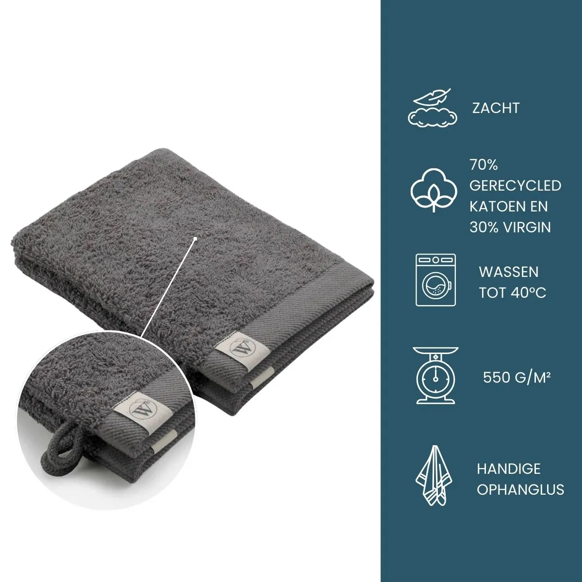 Walra Remade Cotton Washandje 16 x 21 cm 550 gram Grey - 6 stuks