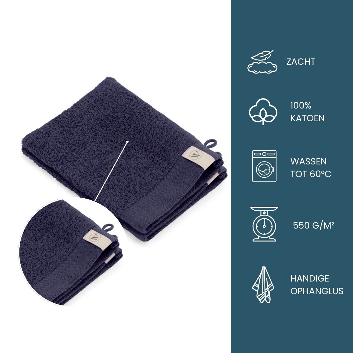 Walra Soft Cotton Washandje 16x21 cm 550 gram Navy - 2 stuks